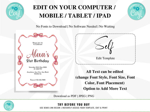 Adult Birthday Invitation, Editable Birthday Invitations, Adult Birthday Party Invites, Any Age Editable Template, Birthday Invite for Women