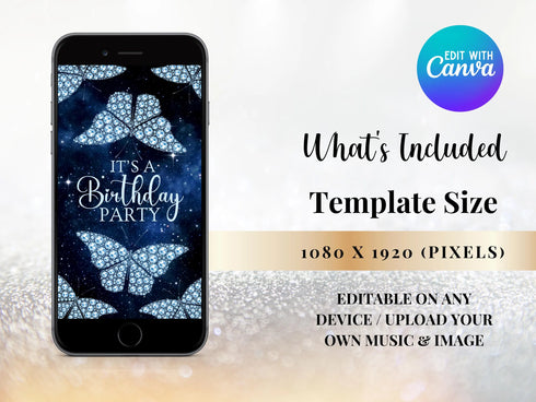 Blue Diamond Butterfly Video Invitation, Diamond Butterfly Birthday Invitation, Personalized Video Invitation, Customized Video Butterfly
