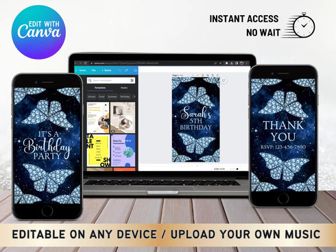 Blue Diamond Butterfly Video Invitation, Diamond Butterfly Birthday Invitation, Personalized Video Invitation, Customized Video Butterfly