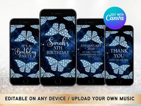 Blue Diamond Butterfly Video Invitation, Diamond Butterfly Birthday Invitation, Personalized Video Invitation, Customized Video Butterfly