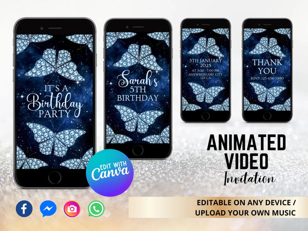 Blue Diamond Butterfly Video Invitation, Diamond Butterfly Birthday Invitation, Personalized Video Invitation, Customized Video Butterfly