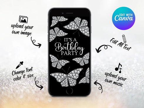 Diamond Butterfly Party Invitation, Any Text Video Invitation, Diamond Theme Party, Diamond Video, Birthday Party, Instant Download