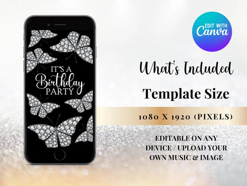 Diamond Butterfly Party Invitation, Any Text Video Invitation, Diamond Theme Party, Diamond Video, Birthday Party, Instant Download