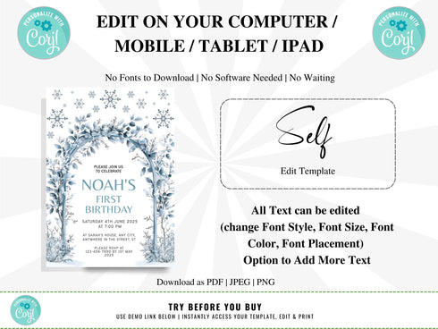 Editable Winter Birthday Invitation, Blue Snowflakes 1st Birthday Invitation, Winter Wonderland Boy Snowflake Birthday Invitation, Corjl