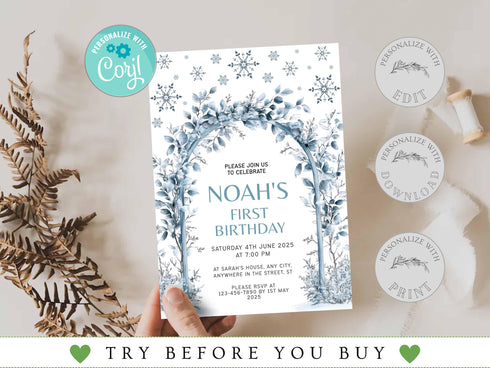 Editable Winter Birthday Invitation, Blue Snowflakes 1st Birthday Invitation, Winter Wonderland Boy Snowflake Birthday Invitation, Corjl