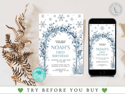 Editable Winter Birthday Invitation, Blue Snowflakes 1st Birthday Invitation, Winter Wonderland Boy Snowflake Birthday Invitation, Corjl