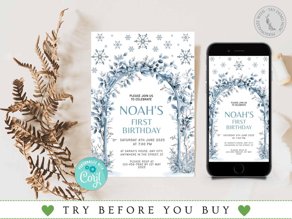 Editable Winter Birthday Invitation, Blue Snowflakes 1st Birthday Invitation, Winter Wonderland Boy Snowflake Birthday Invitation, Corjl