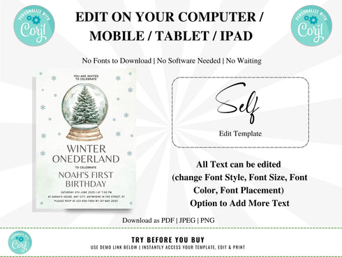 Winter Onederland Invitation, Girl First Birthday Invite, Winter 1st Birthday Invitation, Snowflakes Invitation Template, Winter Birthday