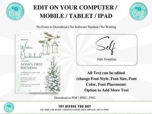 Winter Onederland 1st Birthday Invitation, Snow Woodland 1st Birthday Invite, Winter Onederland, Printable 1st Birthday Invitation, Corjl