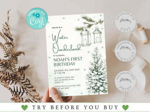 Winter Onederland 1st Birthday Invitation, Snow Woodland 1st Birthday Invite, Winter Onederland, Printable 1st Birthday Invitation, Corjl