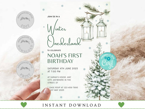 Winter Onederland 1st Birthday Invitation, Snow Woodland 1st Birthday Invite, Winter Onederland, Printable 1st Birthday Invitation, Corjl