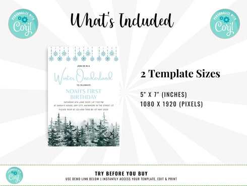 Winter Onederland Invitation, Onederland Invitation, Winter Birthday Invitation, Editable Birthday Invitation, Corjl Template