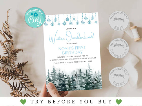 Winter Onederland Invitation, Onederland Invitation, Winter Birthday Invitation, Editable Birthday Invitation, Corjl Template