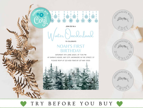 Winter Onederland Invitation, Onederland Invitation, Winter Birthday Invitation, Editable Birthday Invitation, Corjl Template
