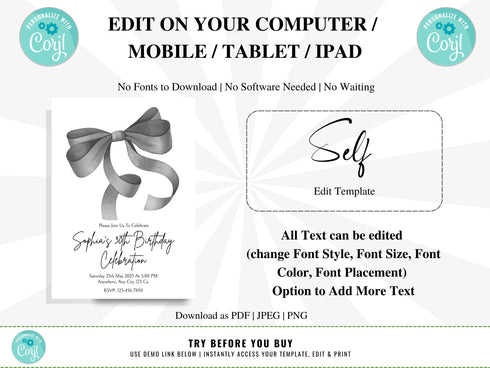 Editable Black Bow Birthday Invitation Template, Minimalist Black Bow Birthday Invite, Black Ribbon Coquette 30th 40th 50th Birthday Party