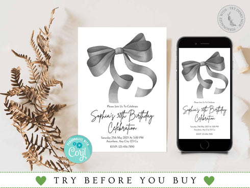 Editable Black Bow Birthday Invitation Template, Minimalist Black Bow Birthday Invite, Black Ribbon Coquette 30th 40th 50th Birthday Party