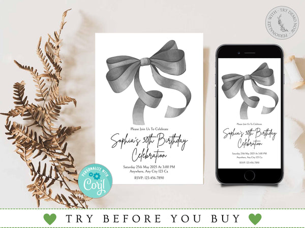 Editable Black Bow Birthday Invitation Template, Minimalist Black Bow Birthday Invite, Black Ribbon Coquette 30th 40th 50th Birthday Party