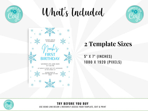 Snowflakes Birthday Invitation Girl or Boy Editable Template, Winter Wonderland Any Age Birthday Invitation, Winter Birthday Invitation
