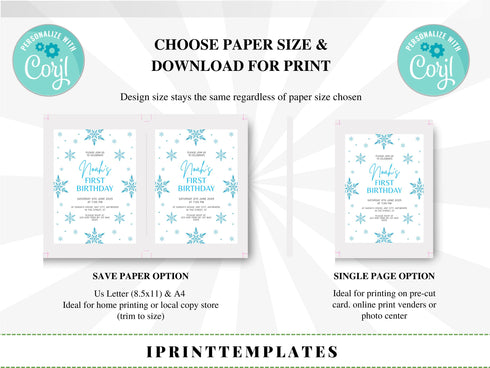 Snowflakes Birthday Invitation Girl or Boy Editable Template, Winter Wonderland Any Age Birthday Invitation, Winter Birthday Invitation