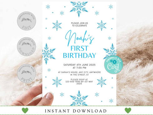 Snowflakes Birthday Invitation Girl or Boy Editable Template, Winter Wonderland Any Age Birthday Invitation, Winter Birthday Invitation