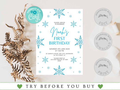 Snowflakes Birthday Invitation Girl or Boy Editable Template, Winter Wonderland Any Age Birthday Invitation, Winter Birthday Invitation