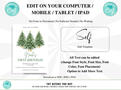 Winter Birthday Invitation, Wonderland Girl 1st Birthday Party Invite, Christmas Tree Snow Forest Pine Tree Woodland Editable Template