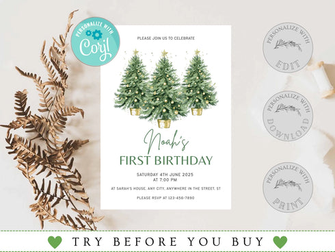 Winter Birthday Invitation, Wonderland Girl 1st Birthday Party Invite, Christmas Tree Snow Forest Pine Tree Woodland Editable Template