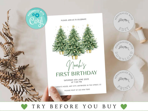 Winter Birthday Invitation, Wonderland Girl 1st Birthday Party Invite, Christmas Tree Snow Forest Pine Tree Woodland Editable Template