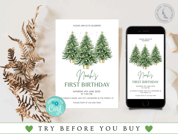 Winter Birthday Invitation, Wonderland Girl 1st Birthday Party Invite, Christmas Tree Snow Forest Pine Tree Woodland Editable Template