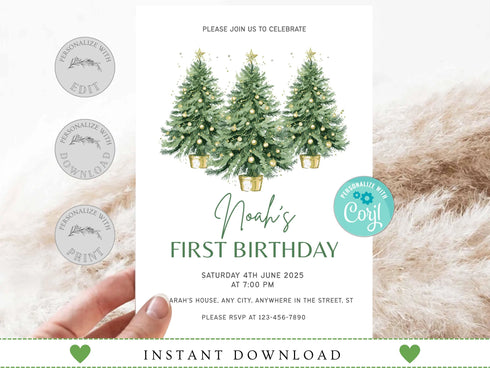 Winter Birthday Invitation, Wonderland Girl 1st Birthday Party Invite, Christmas Tree Snow Forest Pine Tree Woodland Editable Template