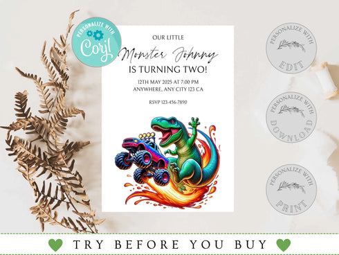 T-Rex Monster Truck Birthday Invitation, T Rex Dinosaur Monster Truck Birthday Party Invitation, Printable T Rex Invite, Dinosaur Birthday