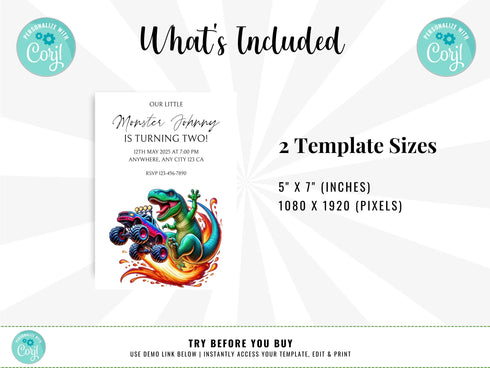 T-Rex Monster Truck Birthday Invitation, T Rex Dinosaur Monster Truck Birthday Party Invitation, Printable T Rex Invite, Dinosaur Birthday