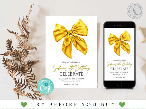 Yellow Bow Birthday Invitation, Coquette Invite, Coquette Bow Invitation, Digital Invitation Template, Bow Invite, Instant Download