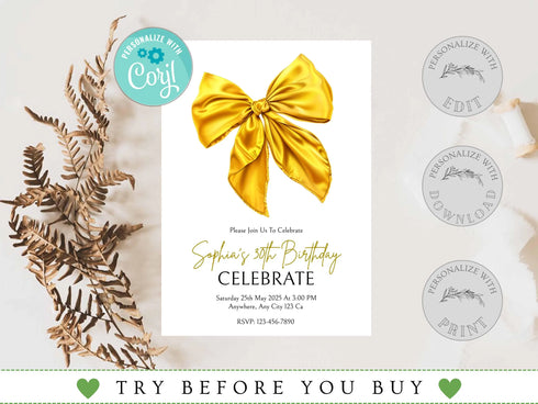 Yellow Bow Birthday Invitation, Coquette Invite, Coquette Bow Invitation, Digital Invitation Template, Bow Invite, Instant Download