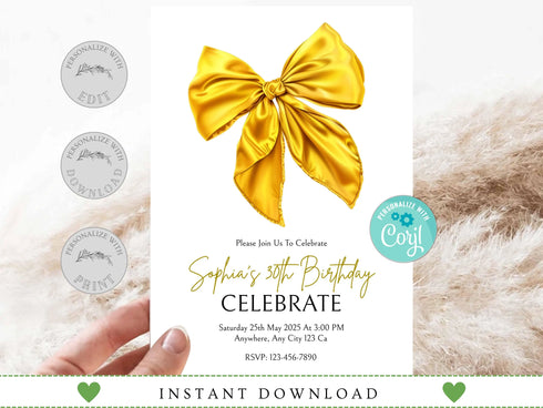 Yellow Bow Birthday Invitation, Coquette Invite, Coquette Bow Invitation, Digital Invitation Template, Bow Invite, Instant Download