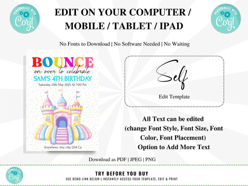 Editable Bounce House Birthday Invitation, Kids Park Birthday Party Invite, Jump Invitation, Outdoor Playground Template, Bouncing Castle