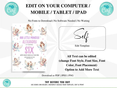 Fairy Invitation, Fairy Princess Invitation Template, Fairy Party Invitation, Girls Any Age Birthday Invitation, Princess Invitation