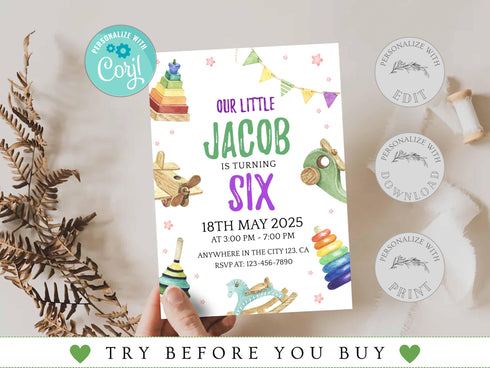 Kids Editable Toy Birthday Invitation Template, Printable Birthday Party Invitations, Digital Kids Party Invite Template Bday Card