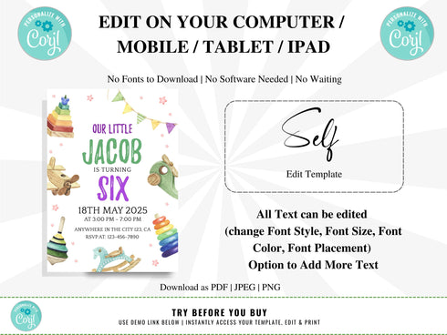 Kids Editable Toy Birthday Invitation Template, Printable Birthday Party Invitations, Digital Kids Party Invite Template Bday Card
