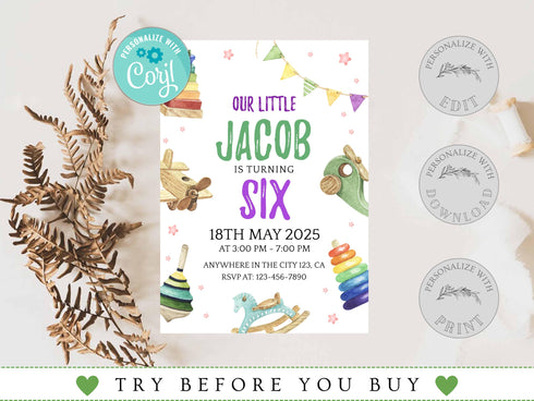 Kids Editable Toy Birthday Invitation Template, Printable Birthday Party Invitations, Digital Kids Party Invite Template Bday Card