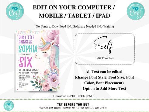 Unicorn Birthday Invitation, Rainbow Unicorn Party, Editable Unicorns Bday Invite, Magical Unicorn Invite, Printable Instant Download