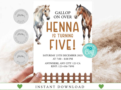 Editable Horse Birthday Invitation, Horse Birthday Party Invite, Horse Birthday Invitation Template, Saddle Up, Horse Birthday Party