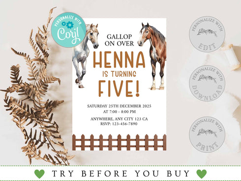 Editable Horse Birthday Invitation, Horse Birthday Party Invite, Horse Birthday Invitation Template, Saddle Up, Horse Birthday Party