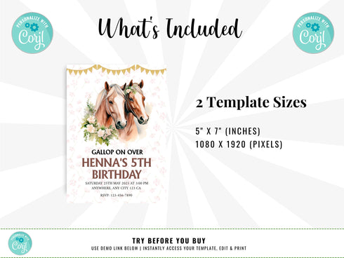 Editable Floral Horse Invitation Template, Floral Horse Birthday Invite, Girly Horse Invite, Horse Birthday Invitation, Instant Download