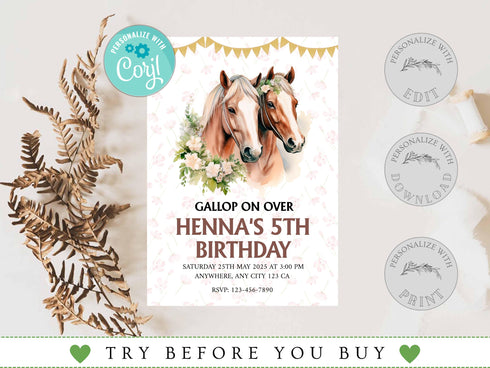 Editable Floral Horse Invitation Template, Floral Horse Birthday Invite, Girly Horse Invite, Horse Birthday Invitation, Instant Download