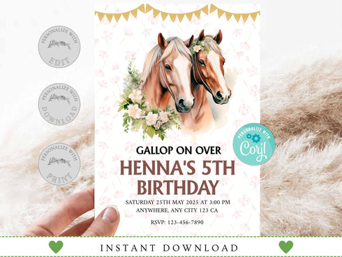 Editable Floral Horse Invitation Template, Floral Horse Birthday Invite, Girly Horse Invite, Horse Birthday Invitation, Instant Download