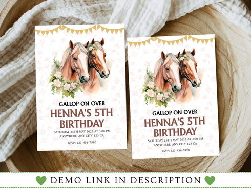 Editable Floral Horse Invitation Template, Floral Horse Birthday Invite, Girly Horse Invite, Horse Birthday Invitation, Instant Download