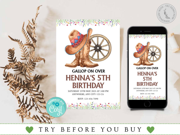 Editable Cowgirl Horse Birthday Invitation Template, Cowgirl Invite, Cowgirl Party Horse Invite, Farm Birthday Invitation, Cowgirl Birthday