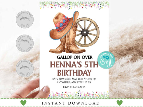 Editable Cowgirl Horse Birthday Invitation Template, Cowgirl Invite, Cowgirl Party Horse Invite, Farm Birthday Invitation, Cowgirl Birthday