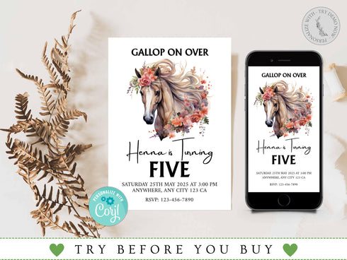 Editable Horse Invitation Template, Floral Horse Birthday Invite, Girly Horse Invite, Floral Farm Birthday Invitation, Instant Download